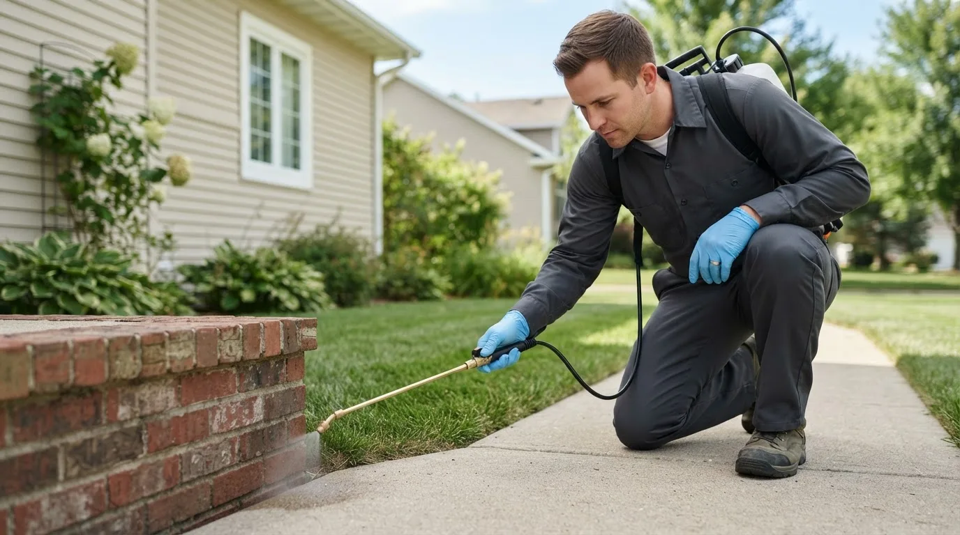 Pest control technician treating a home near Huntington Mills, PA